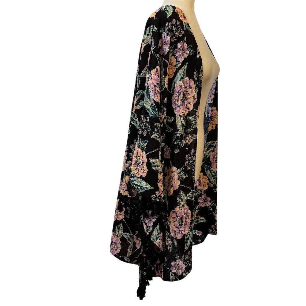 Freshwater Black Floral Kimono Duster Tassel Cover Up Size 2X Boho - Picture 6 of 10